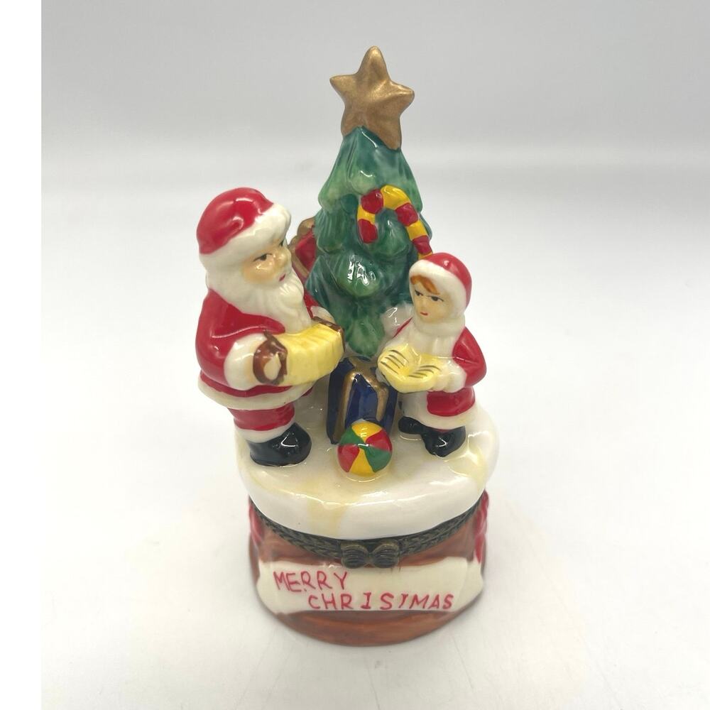 Nomoges Porcelain Santa Merry Christmas Tree Hinged Trinket Box w/ Angel Trinket